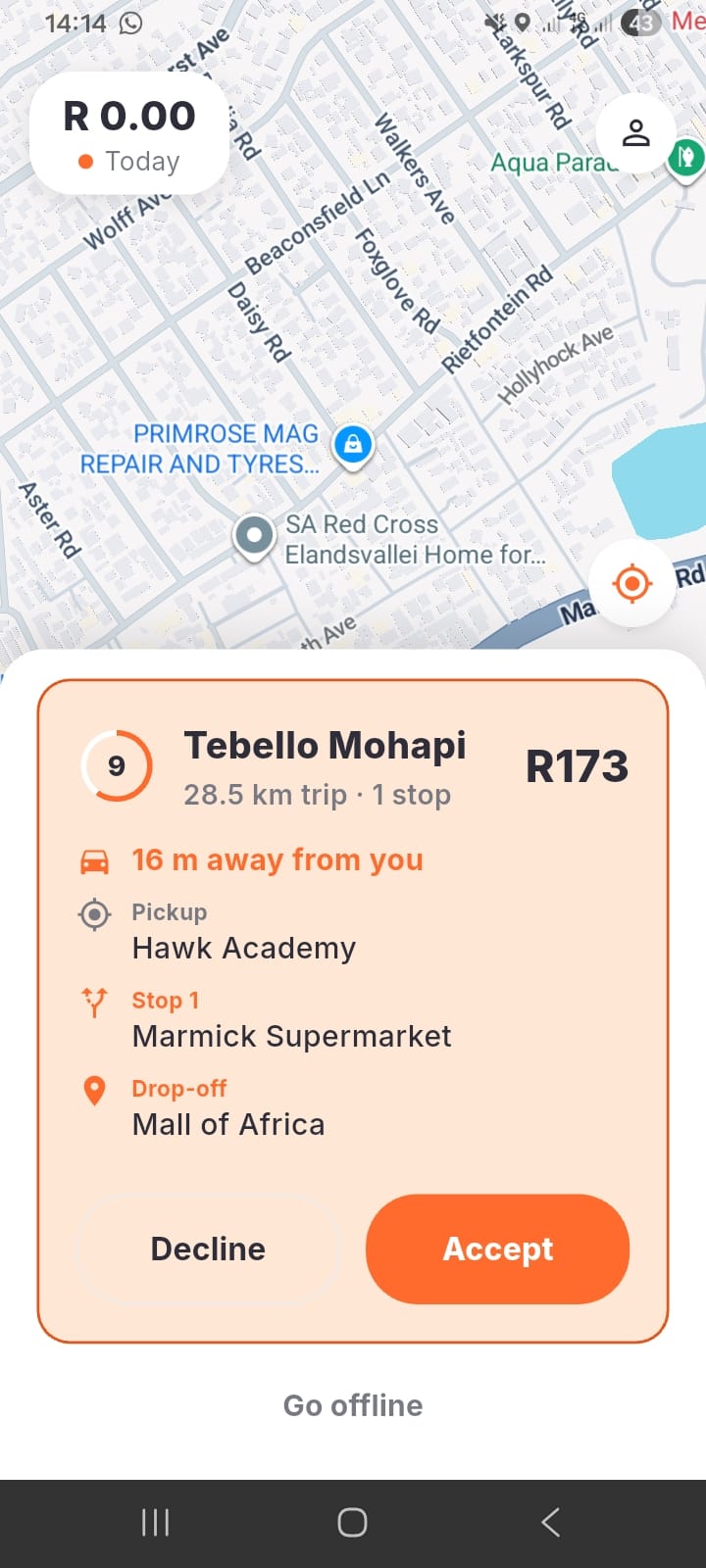 Sift driver app showing an incoming verified trip request in Johannesburg