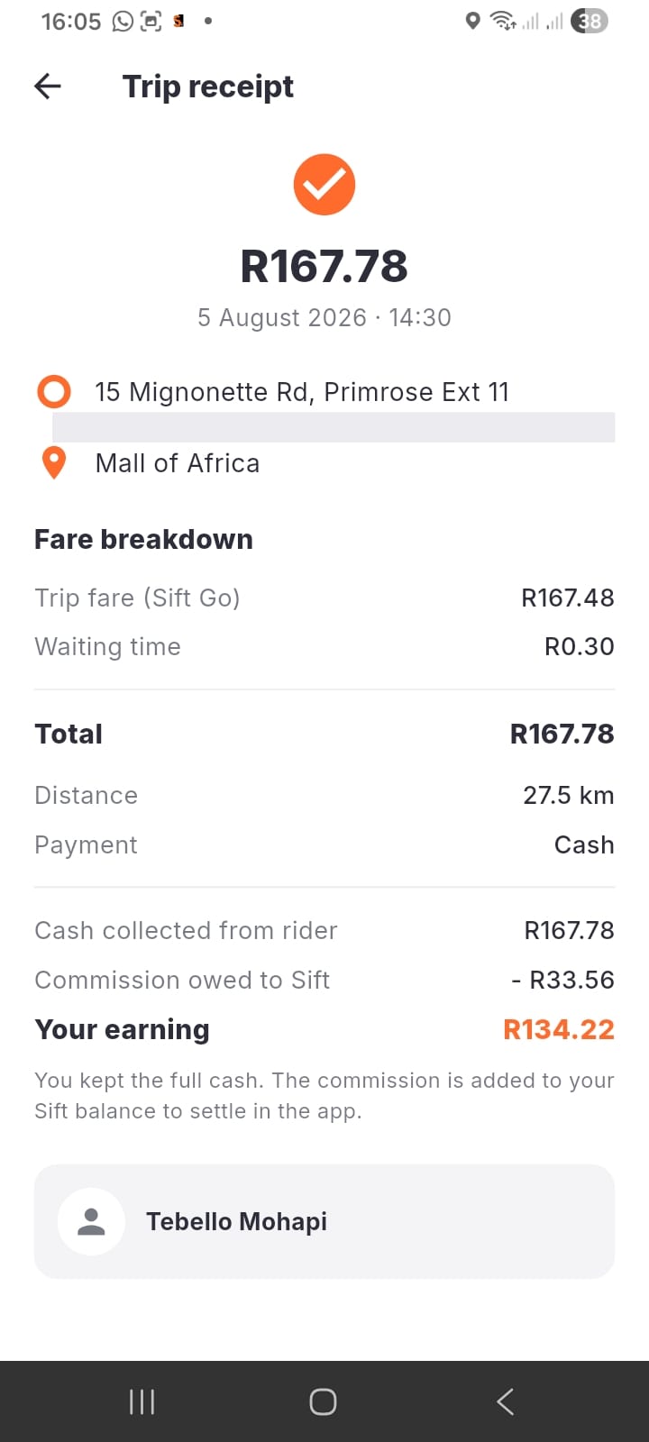 Sift trip receipt screen showing fare breakdown and driver earnings