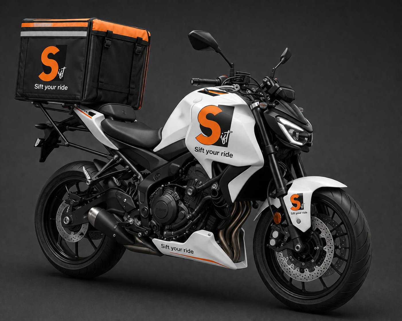 Sift-branded delivery motorbike with an orange and black courier box